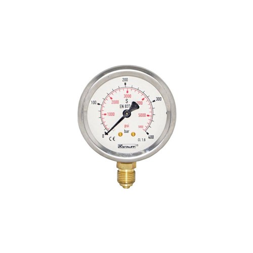 SS PRESSURE GAUGE - 100 mm, Bottom Entry x 1/2 BSPP Calibrated: BAR & PSI